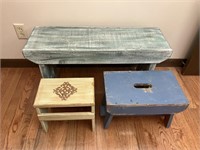 Rustic Bench/Blue & Yellow Stools