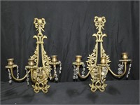 Antique Brass and Crystal Candle Sconces