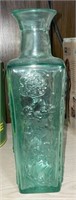 Embossed Floral Aqua Art Glass Bottle Vase
