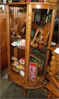 Oak & curved glass lighted curio cabinet,