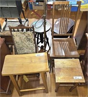 ANTIQUE CHAIRS, STOOLS & LAMP LOT