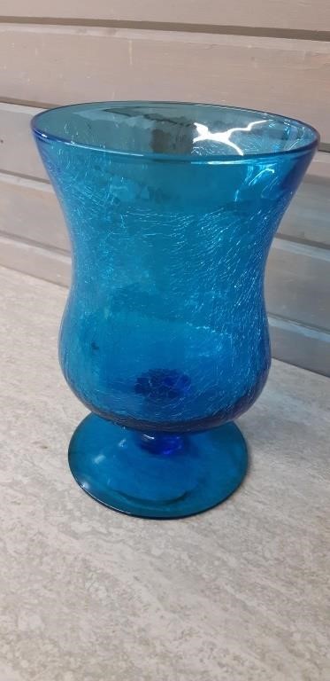 Blue Art glass Crackle vase 8in high