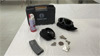Empty gun case, goggles, magnets, gun clip