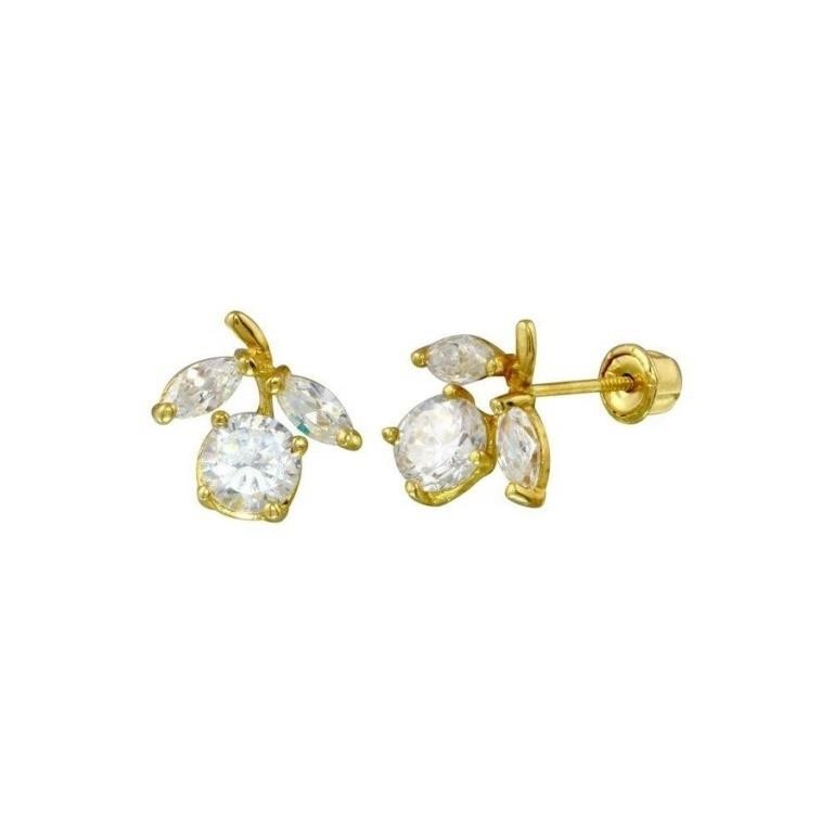 14 Karat Yellow Gold Flower Crystal Earrings