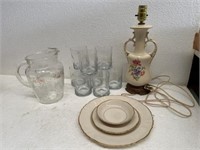 Vintage china. Lamp. Water pitcher & glasses