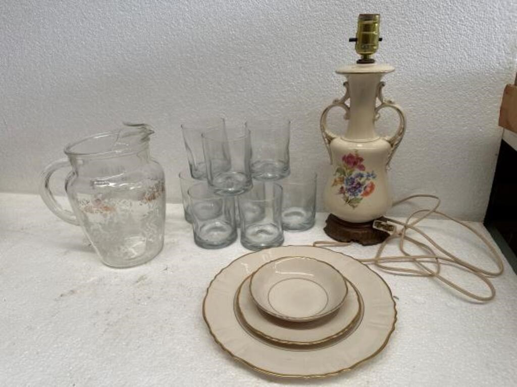 Vintage china. Lamp. Water pitcher & glasses