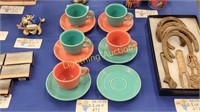 FIESTAWARE FLAMINGO AND TURQUOISE CUPS AND SAUCERS