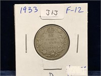 1933  Canadian Silver 25 Cent Piece  F12