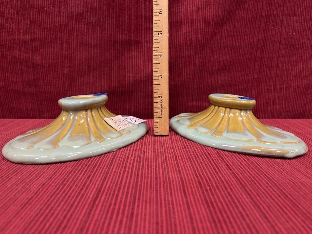 Pair Fulper signed pottery candle stick 8” x 5”