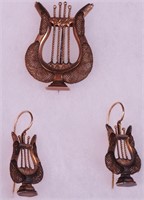 A pair of gold-filled and hair lyre-shaped