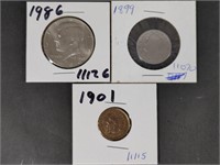 1901 One Cent Coin, 1986 Half Dollar & 1899 Nickel