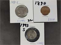 1890 One Cent, 1943 Nickel, 1981 One Dollar Coins
