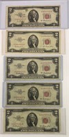 (5) Red Seal $2.00 Bills - Series 1953