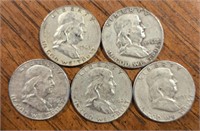 (5) U.S. Franklin Half Dollars