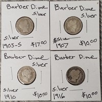 (4) 1905-1916 Barber Dimes