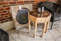 Wood Table w/Mirror Top; Lantern & Misc.