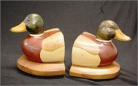 Pair carved wood duck form bookends