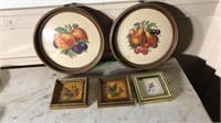 Pair of round framed fruit prints, three small
