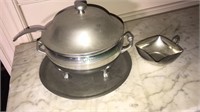 Pewter soup tureen with the ladle, pewter tray