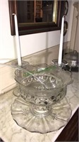 Glass punch bowl with under tray and a ladle,