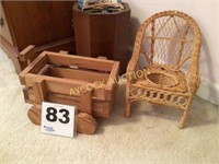 Wicker plant holder (chair), wooden wagon &