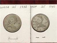 1938 & 1940 Canada 25¢ Silver Coins