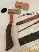 Hatchet, knives & sharpener