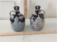 2 Vtg Blue + Gray German Decanters 1 is Musical