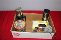 Box of Misc. Coffee Mugs, Tin