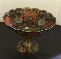 Beautiful brass pedestal bowl with painted