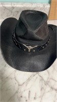 Cowboy hat straw with leather trim and longhorn