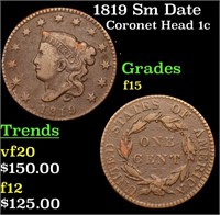 1819 Sm Date Coronet Head Large Cent 1c Grades f+