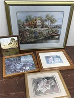 Box lot of framed art prints - rabbits, fishing