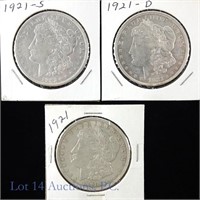 1921 P, D, S Silver Morgan Dollars (3)