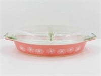 PYREX 1 1/2 qt Divided Dish with lid, pink daisy