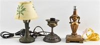 3 Small Brass or Bronze Lamp Bases, 1 Shade