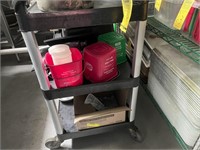 ROLLING CART WITH CONTENTS - CLEANERS, MATS, ETC