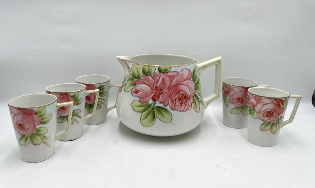 Hand Painted Nippon Floral Pitches & Cups Set