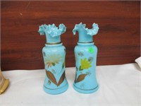 Pair 10" Ruffled Top Blue Hand Painted Vases