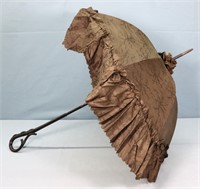 Victorian Black Satin Parasol w/ Carved Handle