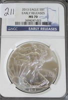 2013 SILVER EAGLE $1 EARLY RELEASE NGC MS70