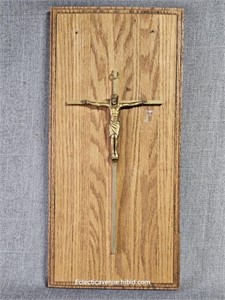 Brass Crucifix on Wood Plaque Vintage INRI