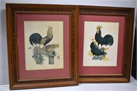 2 Inlay Wood Framed 1950's Menaboni Rooster Prints