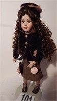 "MOLLY" BISQUE FACE, ARMS AND LEGS DOLL ON STAND