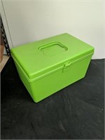 vintage green sewing box full of sewing items