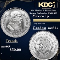 1964 Mexico 1 Silver Peso Santos Collection KM# 45