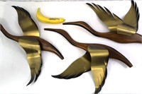 Trio MCM Wood & Brass Geese Wall Sculptures