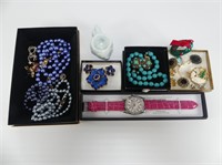 BEADED NECKLACES, RING HOLDER, BROOCHES, ETC.