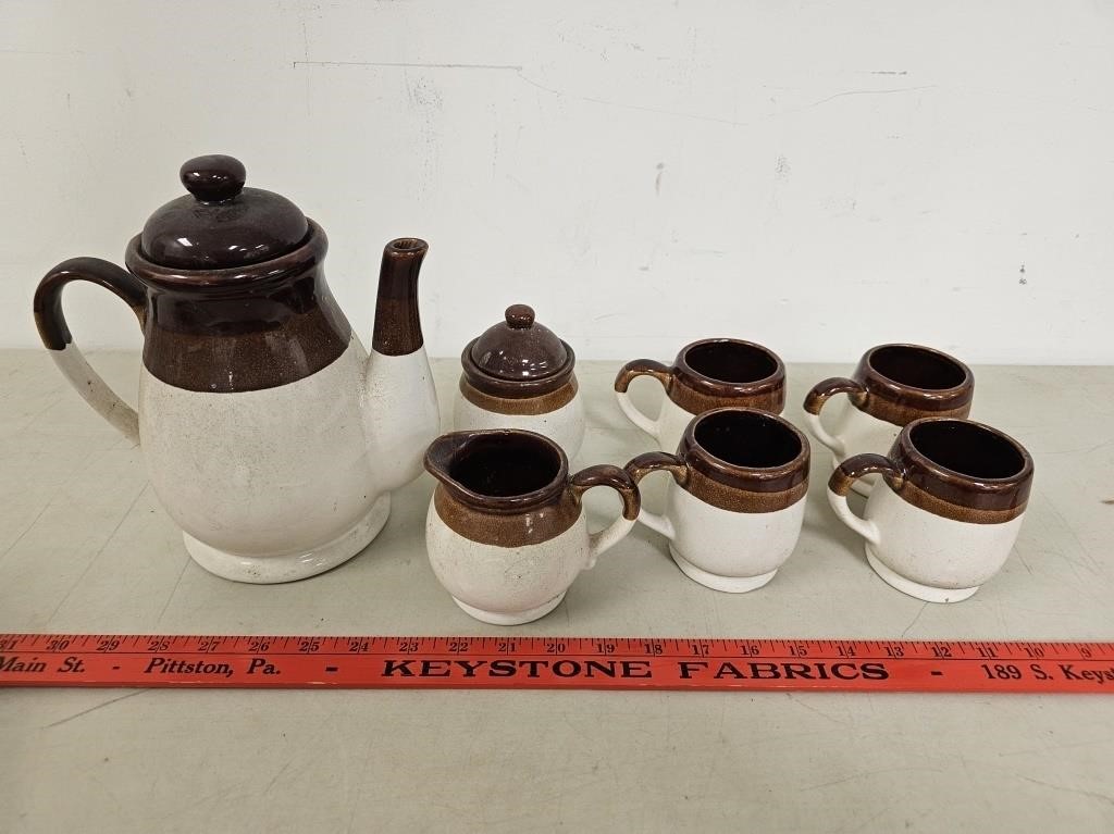 Two Tone Glazed Pitcher, (4) Cups and Sugar &