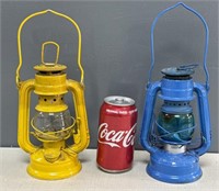 Yellow and Blue Metal Oil Lanterns